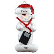 Ornament of white snowman in red hat holding an i-pod with headphones, personalized with name.