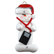 Ornament of white snowman in red hat holding an i-pod with headphones, numbered 1-2 for personalization.