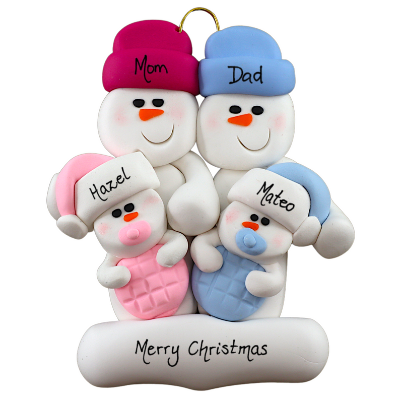 Family ornament with 2 large and 2 infant snowmen in pink and blue, personalized with names.