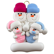 Family ornament with 2 large and 2 infant snowmen in pink and blue.