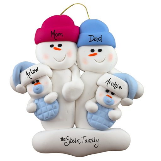 Family ornament with 2 large and 2 infant snowmen in blue, personalized with names.