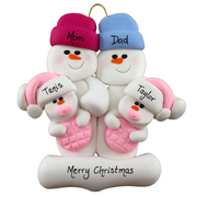 Family ornament with 2 large and 2 infant snowmen in pink, personalized with names.