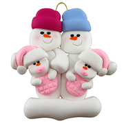 Family ornament with 2 large and 2 infant snowmen in pink.