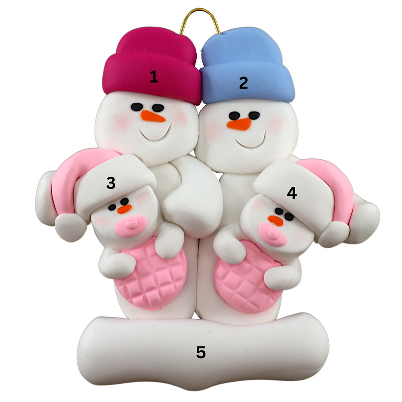 Family ornament with 2 large and 2 infant snowmen in pink, numbered 1-5 for personalization.