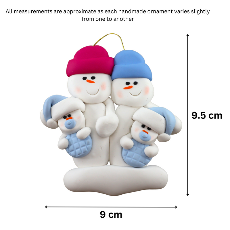Family ornament with 2 large and 2 infant snowmen in blue, graphed to show size (9x9.5cm).