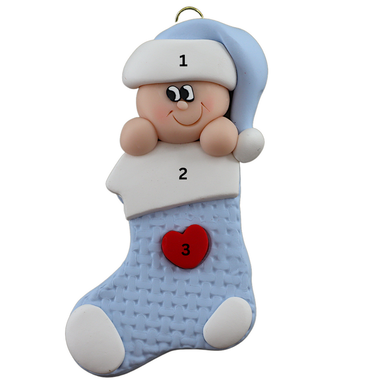 Ornament with infant head in a blue hat poking out of a blue stocking, numbered 1-2 for personalization.
