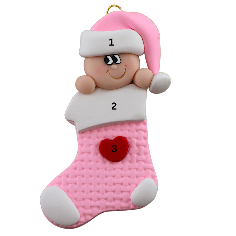Ornament with infant head in a pink hat poking out of a pink stocking, numbered 1-2 for personalization.
