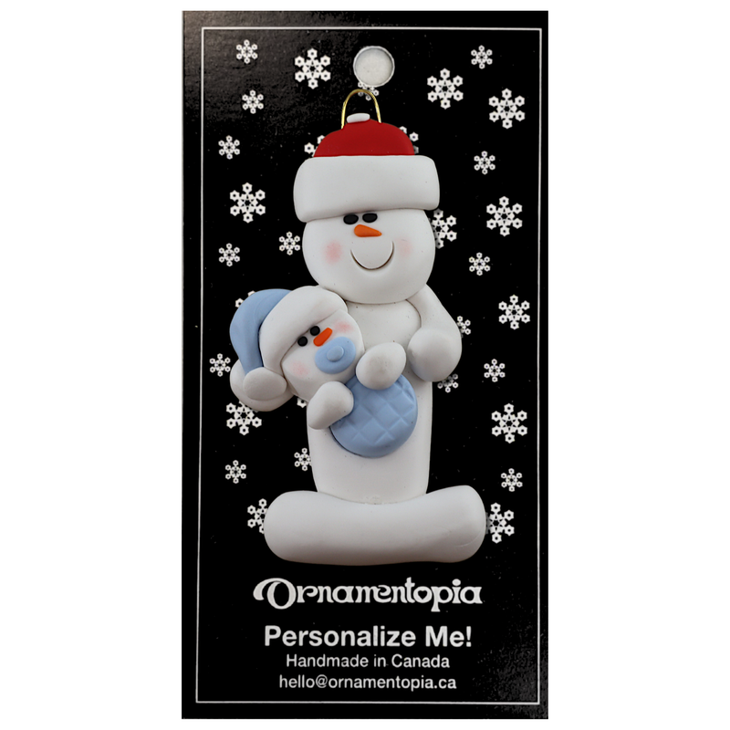 Family ornament with 1 large and 1 infant snowman in blue, on display backing card.