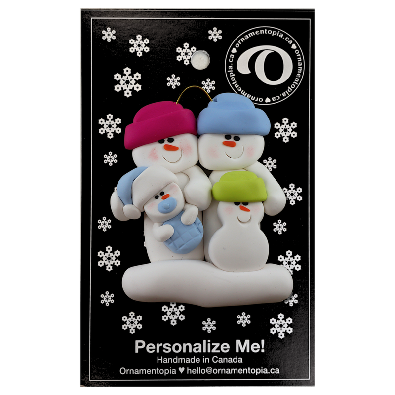 Family ornament with 2 large, 1 small, and 1 infant snowman in blue, on display backing card.