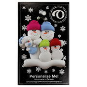 Family ornament with 2 large, 2 small, and 1 infant snowman in blue, on display backing card.