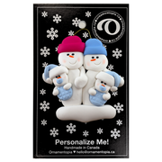 Family ornament with 2 large and 2 infant snowmen in blue, on display backing card.