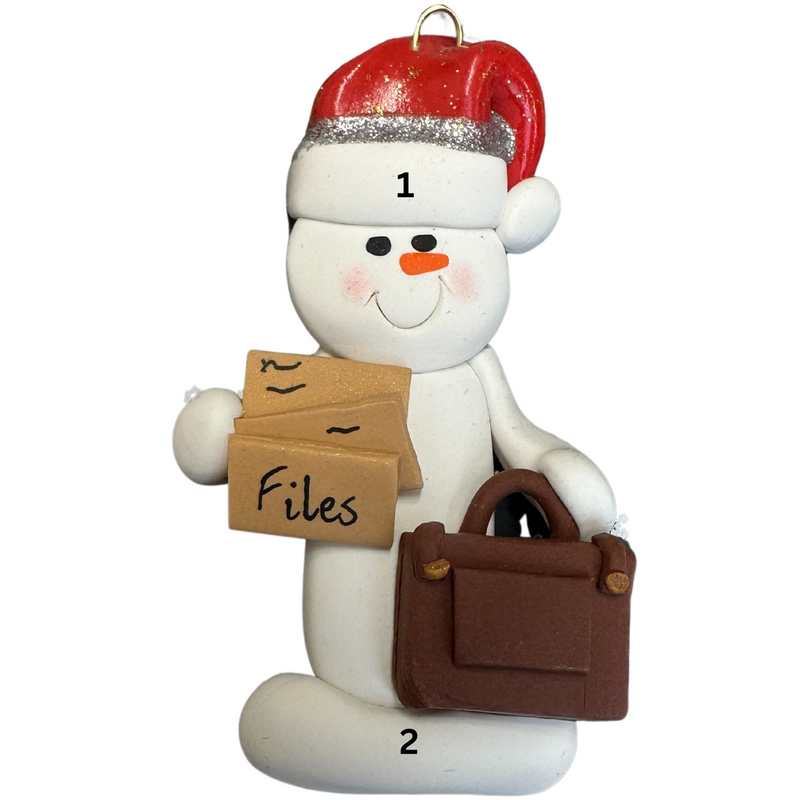 Ornament of white snowman in red hat holding briefcase and files, numbered 1-2 for personalization.