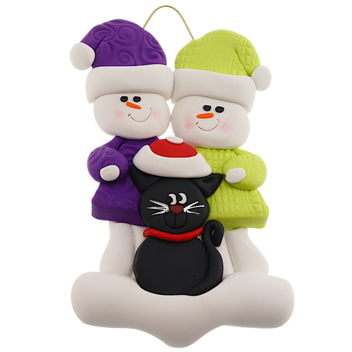 Snowman Couple with Black Cat Ornament Ornamentopia