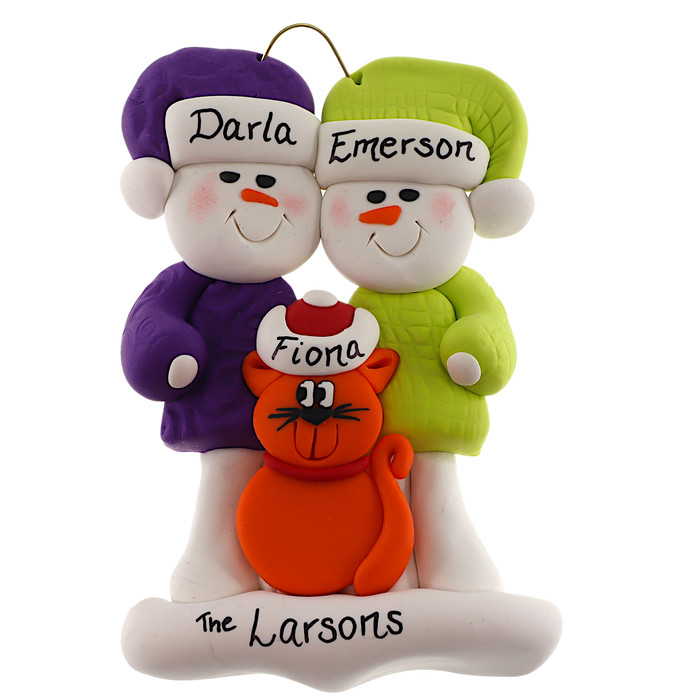 Snowman Couple with Orange Cat Ornament Ornamentopia