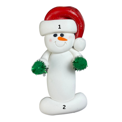 Ornament of white snowman in red hat holding green cheerleader pom-poms, numbered 1-2 for personalization.