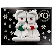 Family ornament with 2 white snowmen in hats, holding holiday objects, on display backing card.