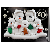Family ornament with 2 large and 3 small snowmen in hats, holding holiday objects, on display backing card.