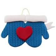 A couple’s ornament of two mittens cradling a heart.