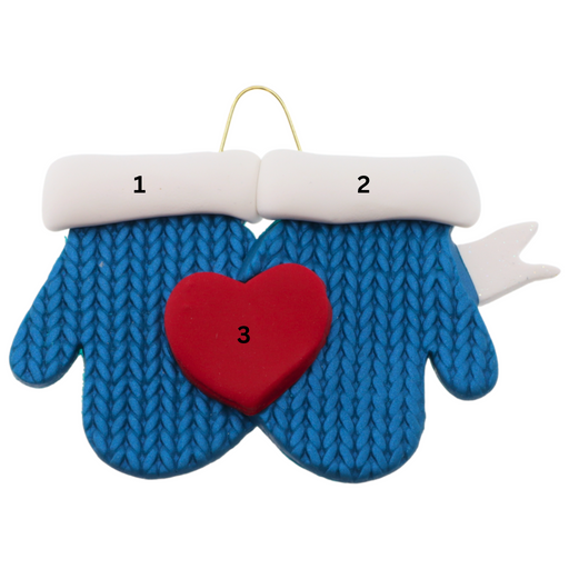 A couple’s ornament of two mittens cradling a heart, numbered 1-3 for personalization.