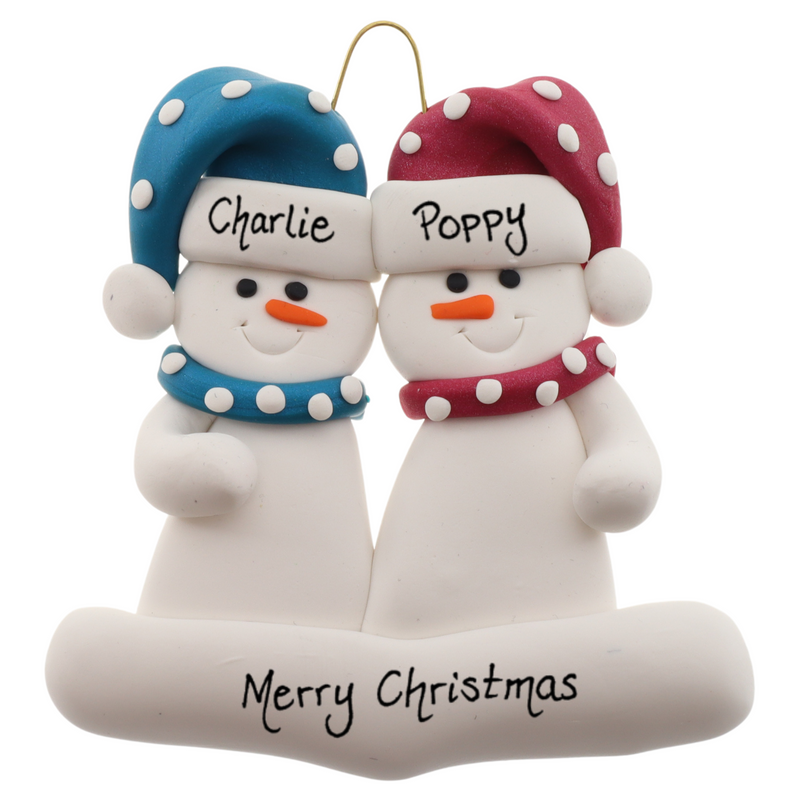 A couple’s ornament of two white snowmen in polka dot scarves and hats, personalized with names.