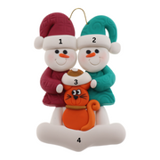 Ornament of snowman couple in red and green shirts and hats with a orange cat in Christmas hat, numbered 1-4 for personalization.