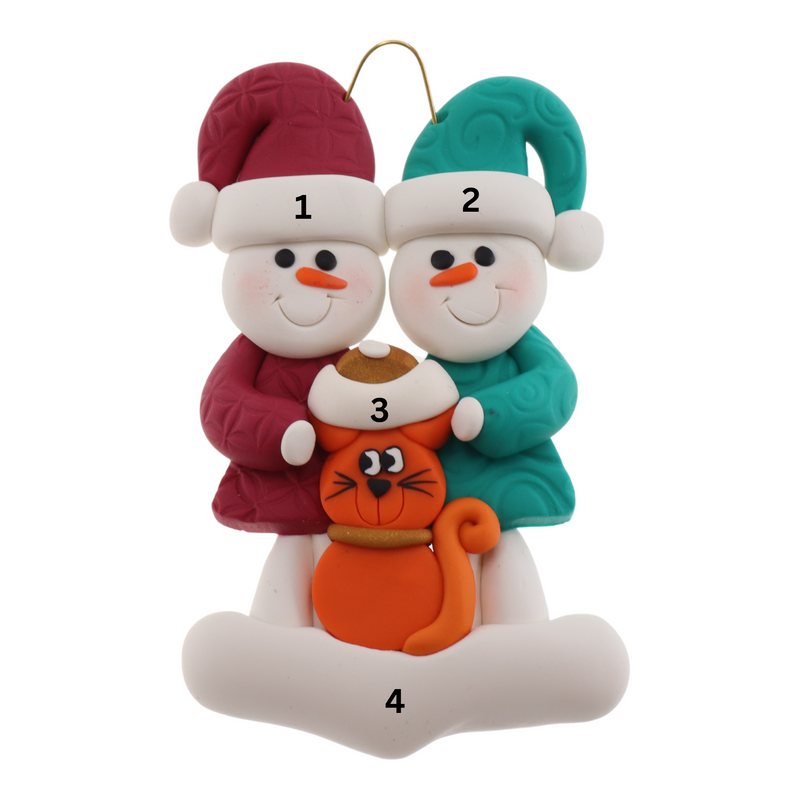 Ornament of snowman couple in red and green shirts and hats with a orange cat in Christmas hat, numbered 1-4 for personalization.