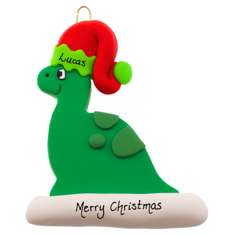 Green dinosaur wearing red festive hat ornament, personalized with name.