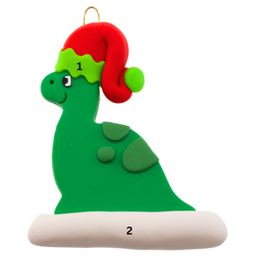Green dinosaur wearing red festive hat ornament, numbered 1-2 for personalization.