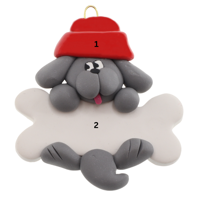Ornament of grey dog in red hat hanging on a white bone, numbered 1-2 for personalization.