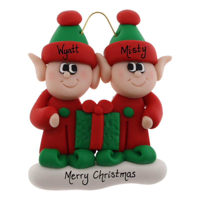 A couple’s ornament with two small red and green elves with a matching present, personalized with names.