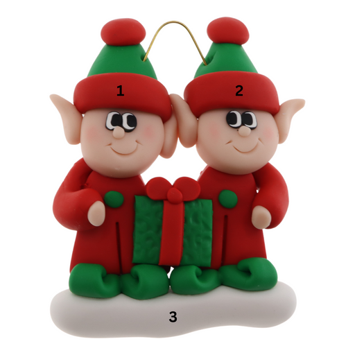 A couple’s ornament with two small red and green elves with a matching present, numbered 1-3 for personalization.