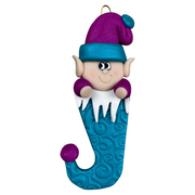Elf poking out of blue stocking ornament.