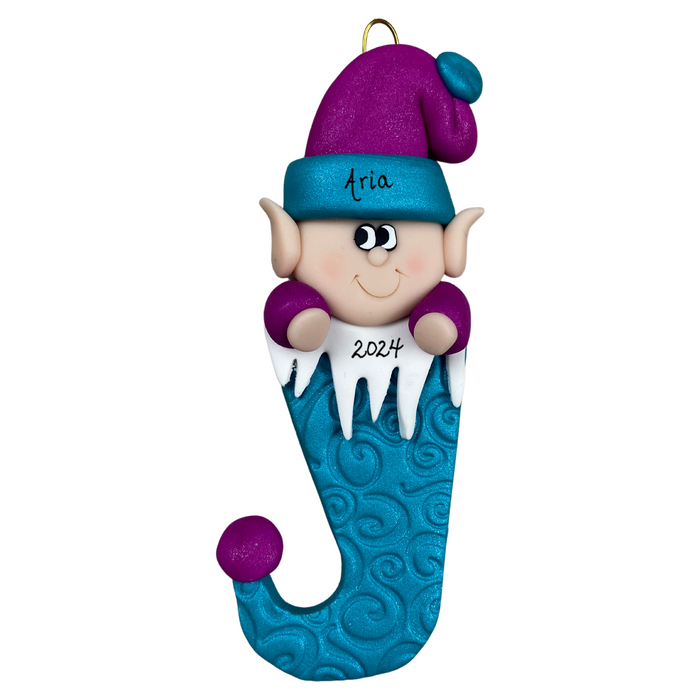Elf poking out of blue stocking ornament, personalized with name.