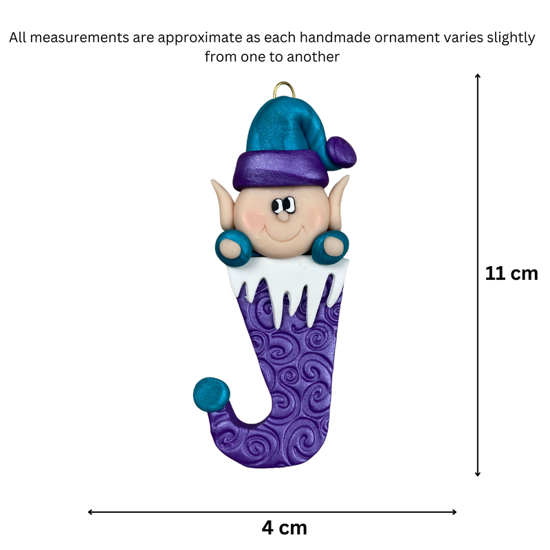 Elf poking out of purple stocking ornament, graphed to show size (4x11cm).