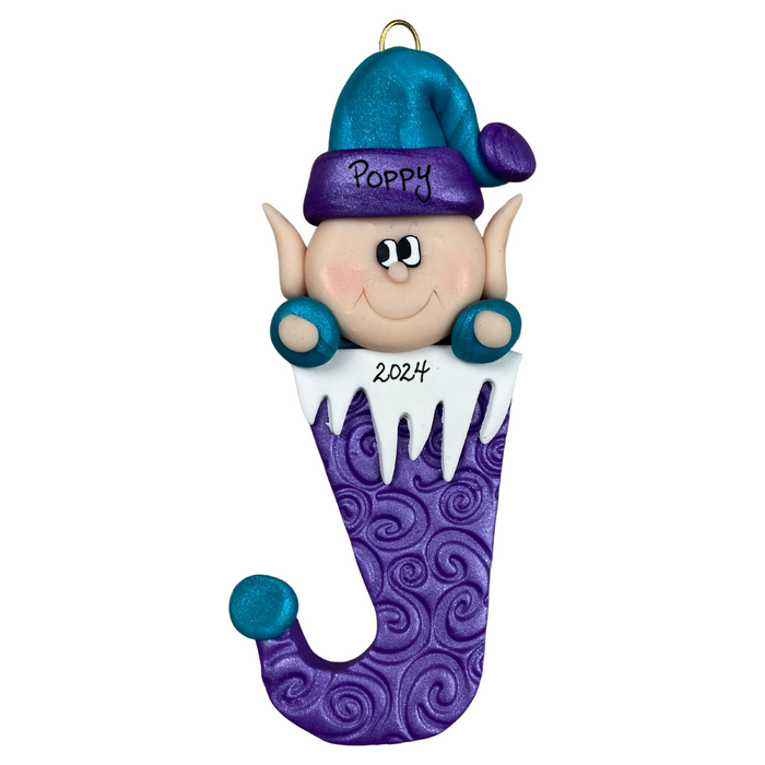 Elf poking out of purple stocking ornament, personalized with name.