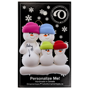 Family ornament with 4 snowmen in bright hats, one pregnant, on display backing card.