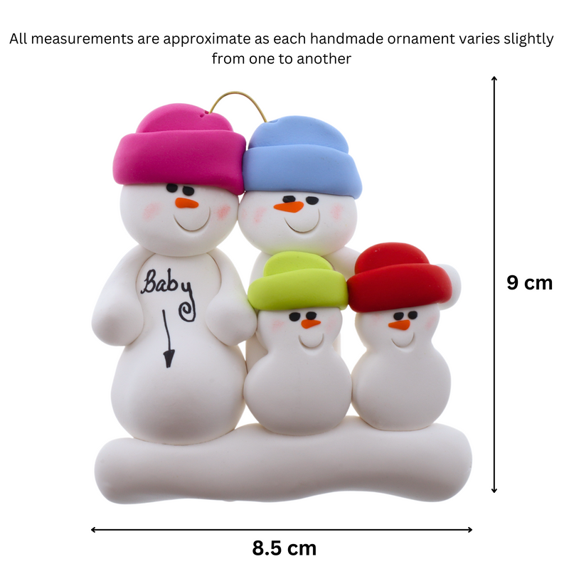 Family ornament with 4 snowmen in bright hats, one pregnant, graphed to show size (8.5x9cm).