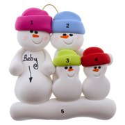 Family ornament with 4 snowmen in bright hats, one pregnant, numbered 1-5 for personalization.