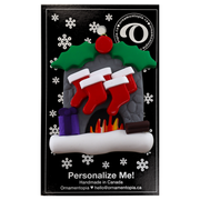 Vibrant fireplace ornament with holly and Christmas presents, displaying 5 red stockings, on display backing card.