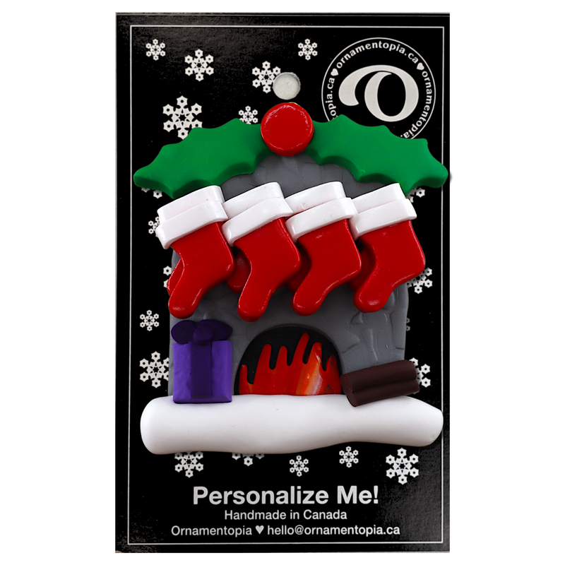 Vibrant fireplace ornament with holly and Christmas presents, displaying 8 red stockings, on display backing card.