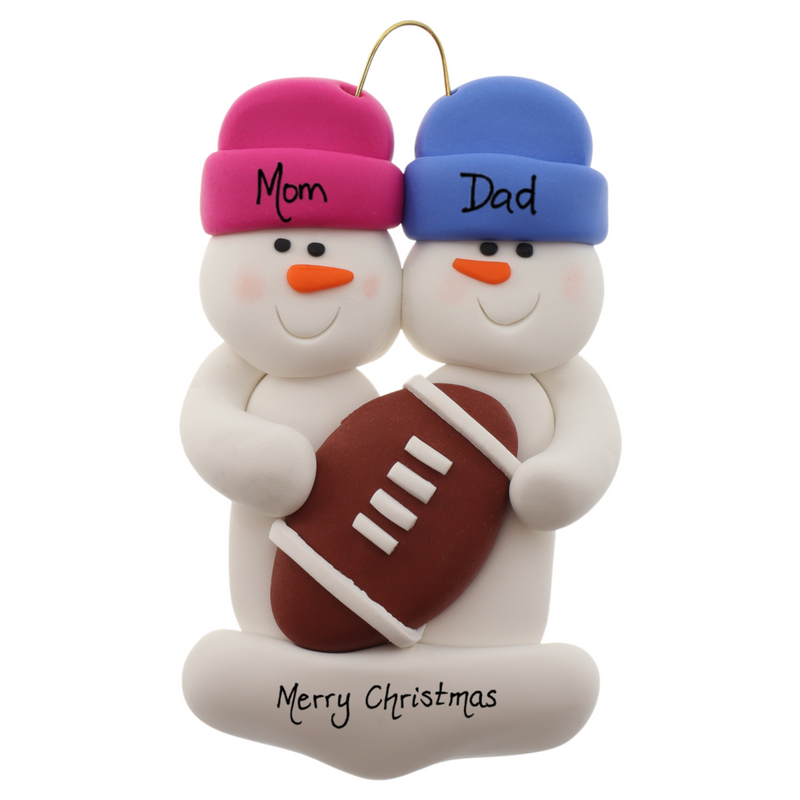 Family ornament with 2 white snowmen in bright hats with a football, personalized with names.
