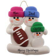 Family ornament with 3 white snowmen in bright hats with a football, personalized with names.