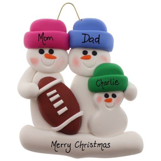 Family ornament with 3 white snowmen in bright hats with a football, personalized with names.