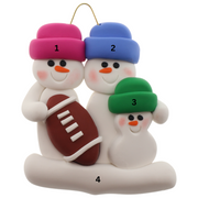 Family ornament with 3 white snowmen in bright hats with a football, numbered 1-4 for personalization.