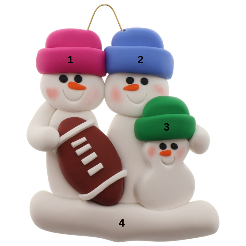 Family ornament with 3 white snowmen in bright hats with a football, numbered 1-4 for personalization.