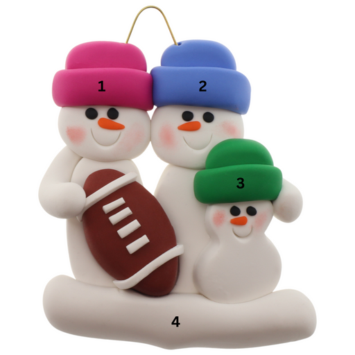 Family ornament with 3 white snowmen in bright hats with a football, numbered 1-4 for personalization.