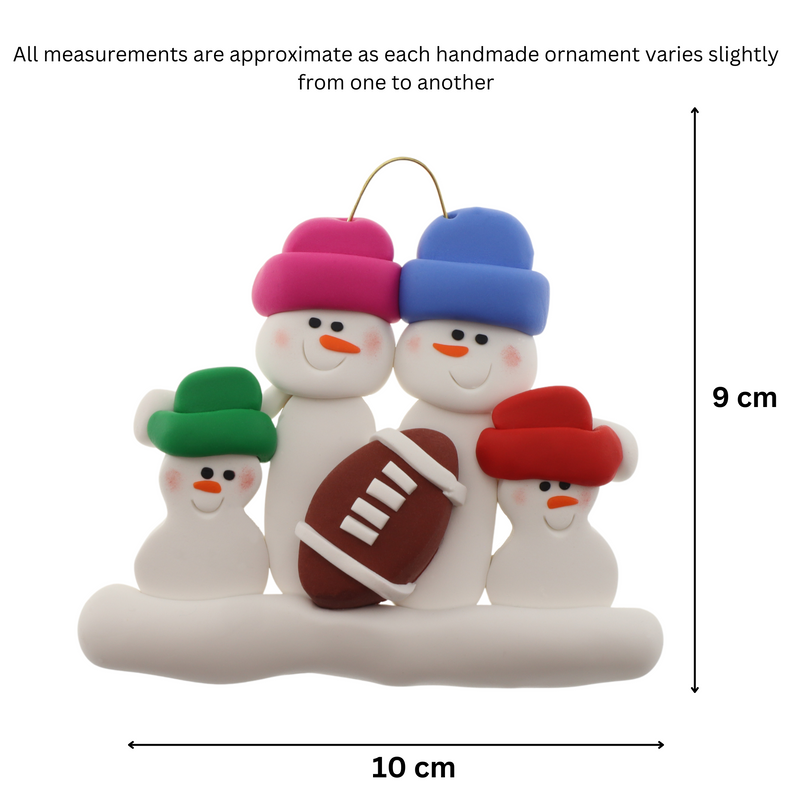 Family ornament with 4 white snowmen in bright hats with a football, graphed to show size (10x9cm).