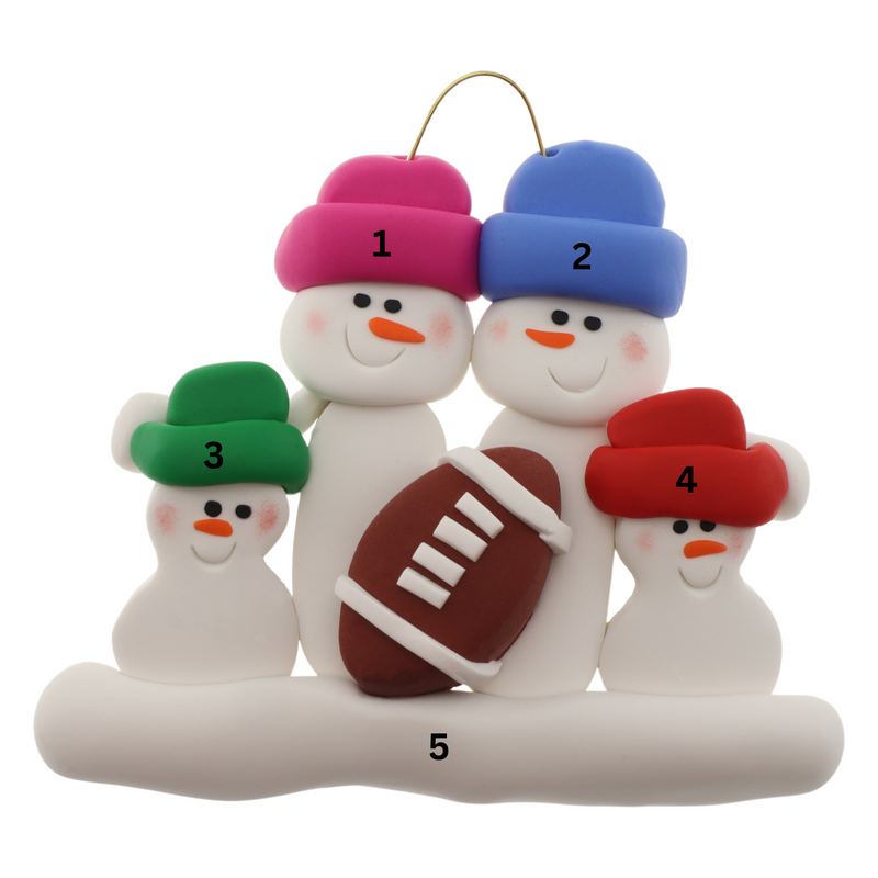 Family ornament with 4 white snowmen in bright hats with a football, numbered 1-5 for personalization.