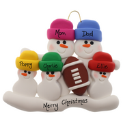 Family ornament with 5 white snowmen in bright hats with a football, personalized with names.
