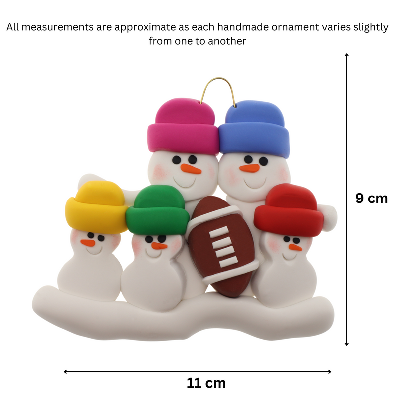 Family ornament with 5 white snowmen in bright hats with a football, graphed to show size (11x9cm).